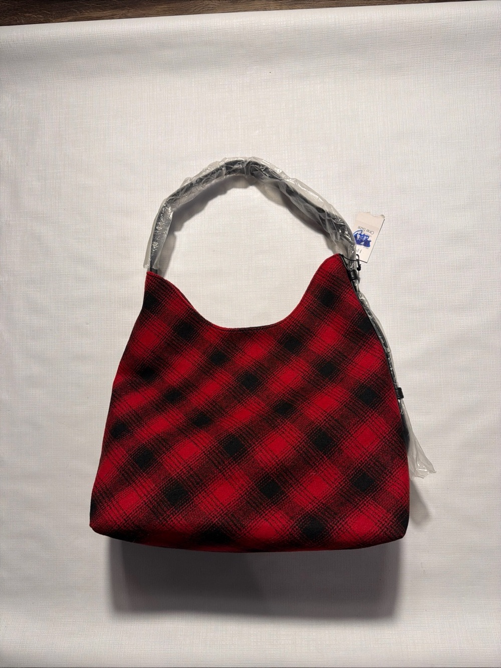 J.JILL Large Red Black Leather Buffalo Plaid Wool Blend Hobo Shoulder Bag New